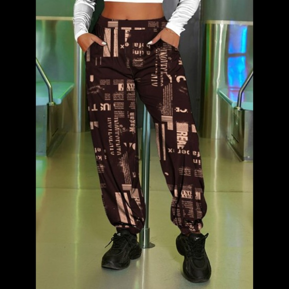 Powerful Writing /Poetry Brown W/khaki Graphics Loose Elastic Waist Joggers HTF